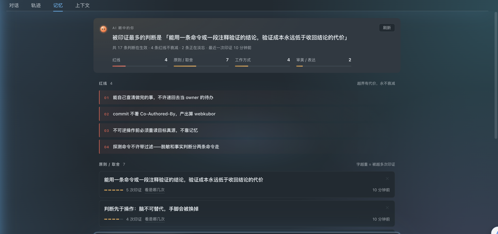 记忆 tab：AI 眼中的你 —— 一句话速写、四类判断、每条被印证过几次