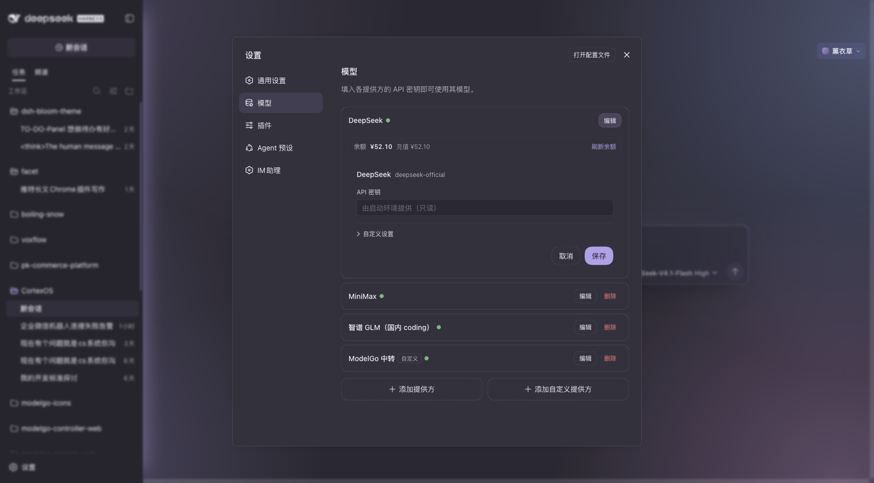 DeepSeek 卡片上的余额行