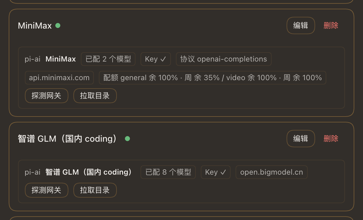 pi-ai 卡片：协议、接入地址、已配模型数、余额/配额，以及探测与目录拉取 —— 事实与动作各占一行